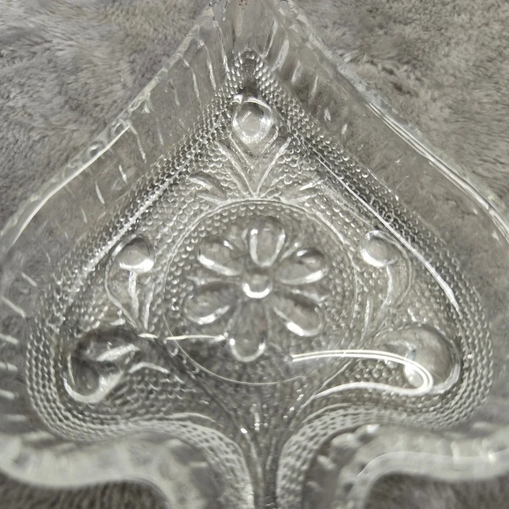 Vintage Clear Pressed Glass Ace of Spades Trinket Dish Floral Pattern Card Suit